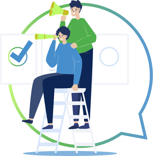 Zwei Personen im Comicstil – eine sitzt auf einem Stuhl mit Fernrohr, die andere unterstützt mit einem Megafon. Links ein angekreuzter Stimmzettel, rechts ein leerer Stimmzettel mit Auswahlmöglichkeiten.